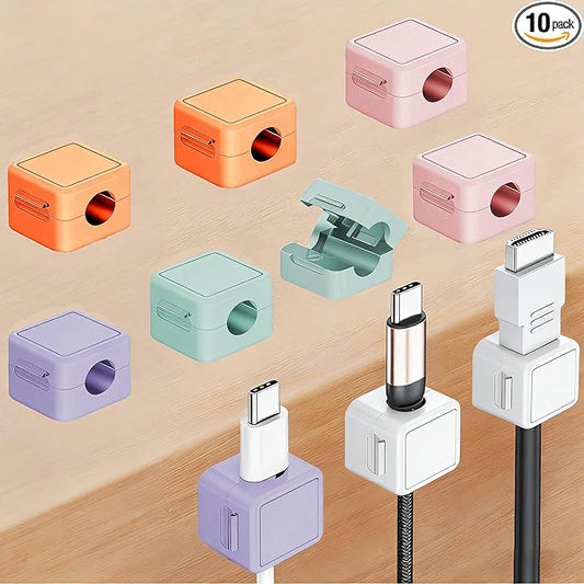 10 Pack Cord Organizer, Magnetic Cable Management, Cord Holder for Desk, Adhesive Cable Clips Wire Keeper for Nightstand, Home, Office, Desktop, Car, Wall (Multicolored)