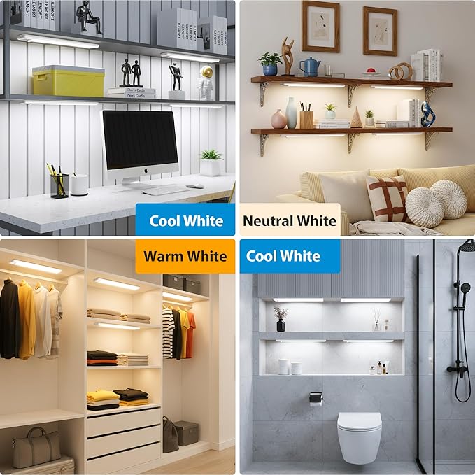 11.8 inch Motion Sensor Under Cabinet Light, 3 Color Temperature Dimmable Rechargeable Magnetic Closet Light Wireless Under Counter Lighting 5-Pack
