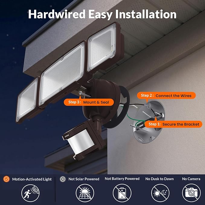 LEPOWER LED Security Light Motion Sensor Light Outdoor, 38W 4200LM Motion Security Light, 5500K, IP65 Waterproof, 3 Head Motion Detected Flood Light for Garage, Yard, Porch (Brown)