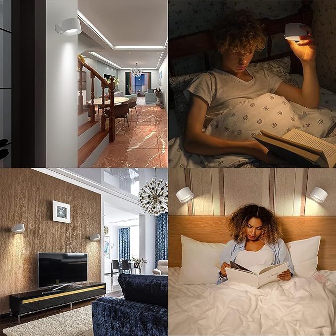 Deyagoo LED Wall Sconce, Wall Mounted Lamp with Rechargeable Battery Operated 3 Color Temperature & 3 Brightness Level 360°Rotate Magnetic Ball, Cordless Wall Light for Reading Bedside-White