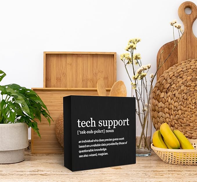 SRADMO Tech Support Office Wood Box Sign Desk Decor 6x6, Gifts For It Men, Desk Decorations Office, It Gifts Wooden Box Sign Decoration, Tech Support Table Shelf Decor (Black) Decorative Accessories