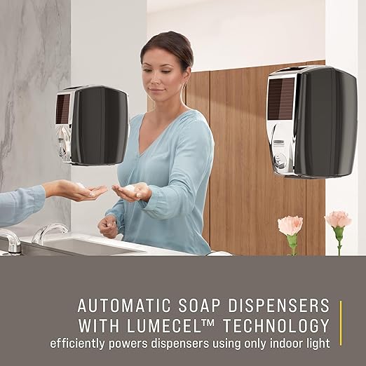 Rubbermaid Commercial Products AutoFoam LumeCel Hand Soap & Sanitizer Dispenser, Black/Chrome, Battery Free, Powered by Indoor Light, Touchless, Wall Mount, for Restrooms in Offices/Hotels