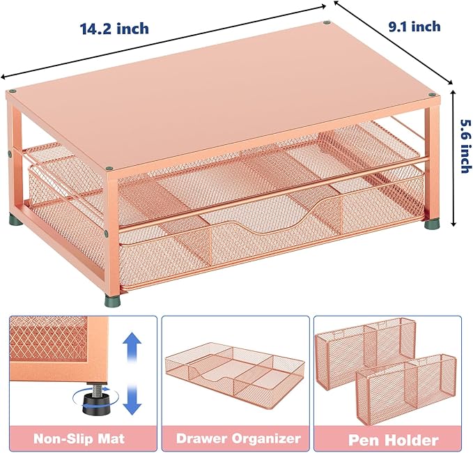 OPNICE Desk Organizers and Accessories, 2-Tier Computer Monitor Stand with Drawer and 2 Pen Holders, Laptop Stand, Office Desk Accessories for Office Supplies, Rose Gold
