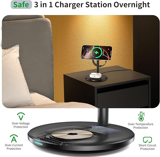 3 in 1 Wireless Charging Station for Apple Devices with MagSafe Charger, 15W Wireless Charger Station for iPhone 17/16/15/14/13/12 Pro Max Air Plus Mini, iWatch&AirPods(with 20W Adapter)