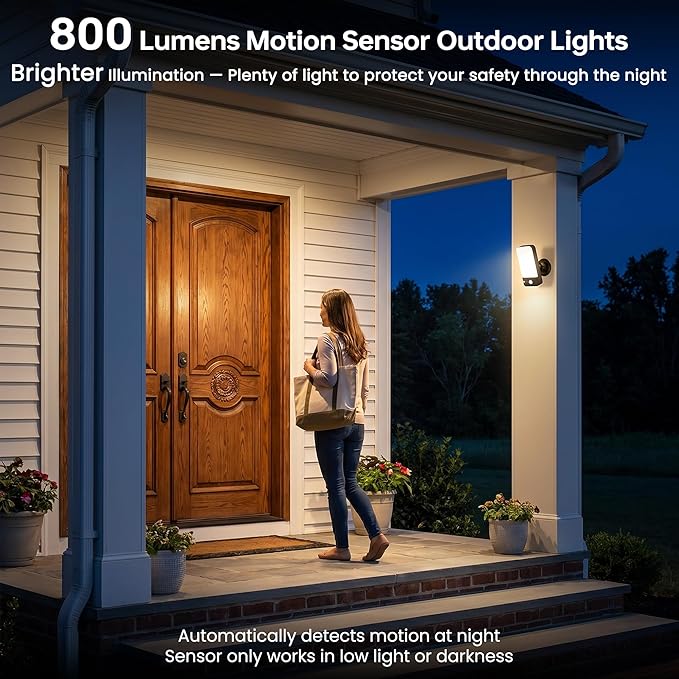 ropelux Motion Sensor Outdoor Lights, 800LM Super Bright Rechargeable Motion Sensor Light, 3CCT Dimmable 3 Modes Remote Control, Waterproof Battery Operated Security Lights for Porch Garage Patio 1PC