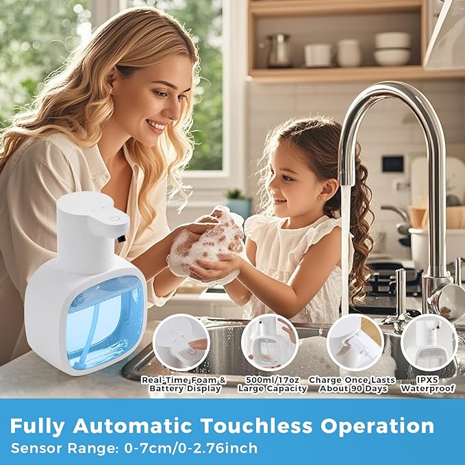 Automatic Foaming Soap Dispenser, 17oz/500ml Touchless Rechargeable with 4-Level Adjustable & IPX5 Waterproof - Level Display for Wall/Tabletop Use in Bathroom, Kitchen