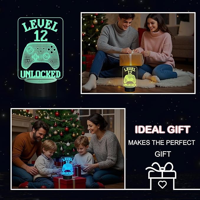 YuanDian Gamer Gifts, Level 12 Unlocked Gaming Controller Graphic Funny 3D Illusion Lamp 16 Colors Changing Touch & Remote Control, Desk Decor Gift for Gamers Teenagers and Kids