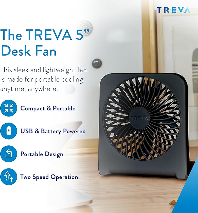 Treva 5-Inch USB and Battery Powered Desk Fan With Two Cooling Speeds and Adjustable Tilt, Small USB Fan Cubicle Accessories Durable and Long Lasting (Black)