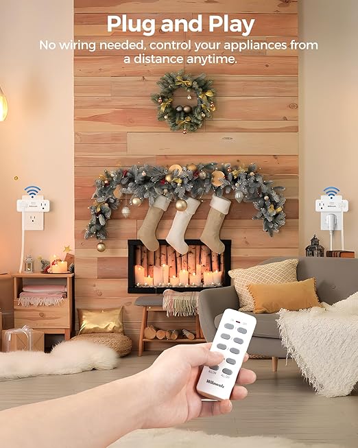 Remote Control Outlet with 2 Independent Control Sockets, WILAWELS Wireless Remote Light Switch for Christmas Tree Lights, String Lights 15A/1875W/125V, Compact, Programmable, FCC Certified W04RC1106