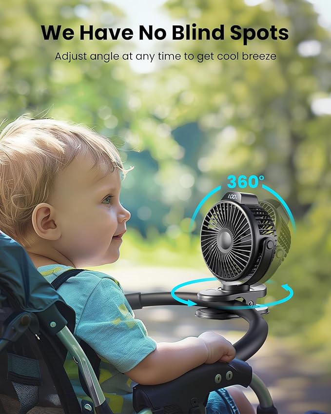 Koonie Portable Clip On Fan, Small Rechargeable Battery Operated, 3 Speed Mini clamp Fan With LED Display, 360° Rotate Personal Cooling Desk Fan for Stroller Bed Travel Camping Golf Gym