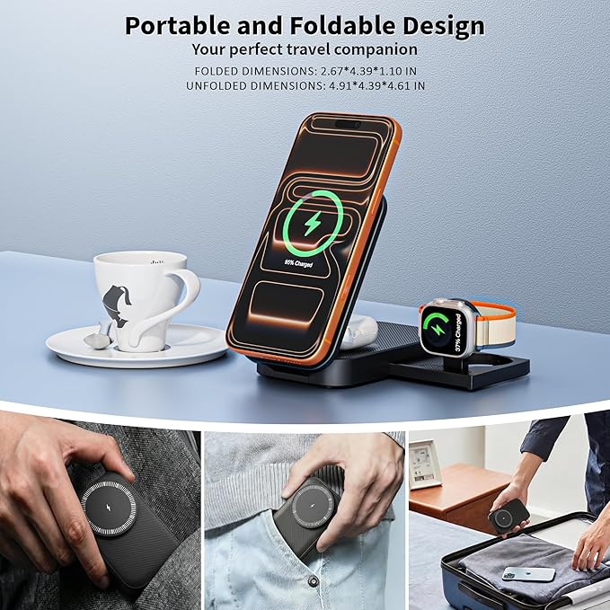 3 in 1 Wireless Charger Stand, 25W Foldable Wireless Charging Station for Apple Multiple Devices Fast Magnetic Charger with 6FT USB C Cable for iPhone 17 16 15 14 13 12 Series/Apple Watch/AirPods Pro