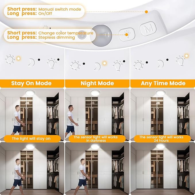 SunRider 2-Pack Rechargeable Motion Sensor LED Ceiling Light with Remote, Wireless Battery Operated 3CCT Dimmable Closet Lights for Shower Pantry