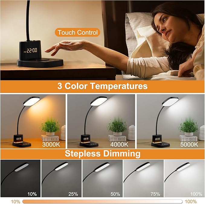 Desk Lamp, Bedside Table Lamps with Wireless Charger and Clock, 30Mins Auto-Off Night Light Lamp, 3 Color Modes Dimmable Touch 800LM CRI 95, LED Desk Lamps for Home Office, Adapter Included