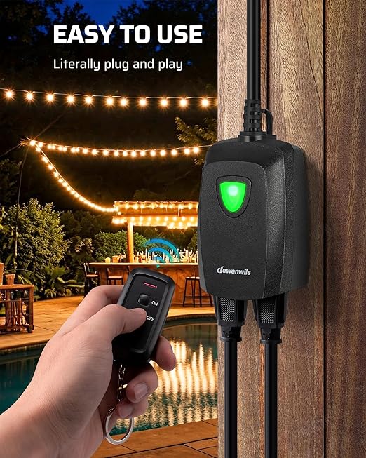 DEWENWILS Outdoor Remote Control Outlet, Weatherproof Wireless Electrical Plug in Light Switches, 7" Extension Cord,15 AMP, 100 FT Range, ETL Listed, 1 Remote 3 Outlets for Lamp/Lights/Fans