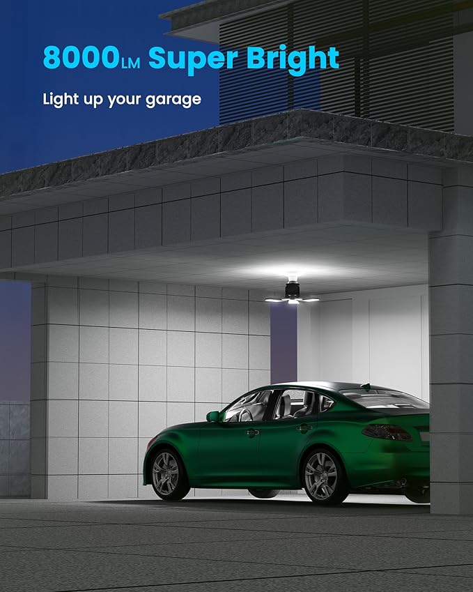 Motion Sensor Garage Lights 2 Pack, 8000LM Led Motion Sensor Light Indoor, E26 Screw in 6500K Motion Activated Light Bulb for Workshop, Warehouse