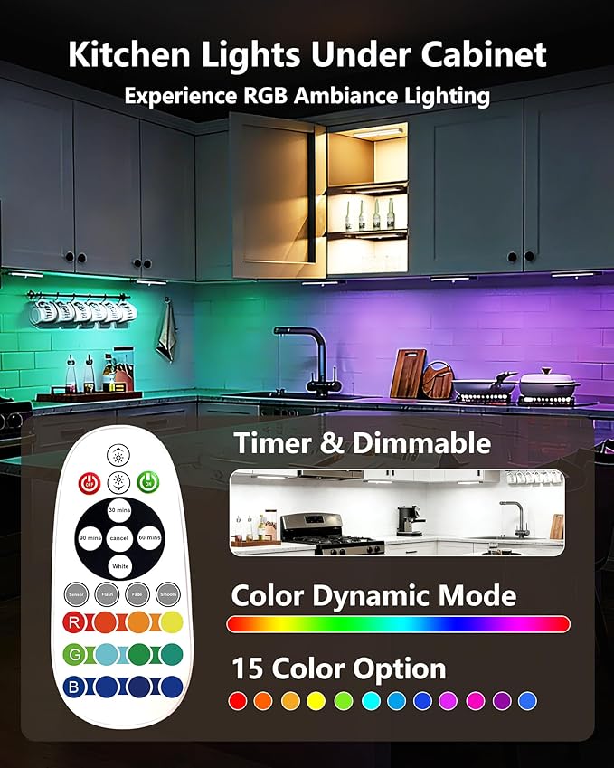 SZOKLED Motion Sensor Night Lights, 58-LED RGB Under Cabinet Lighting Wireless, 1100mAh Rechargeable Under Cabinet Lights Dimmable Closet Lights for Step, Stair, Kitchen,Hallway (2 Pack)