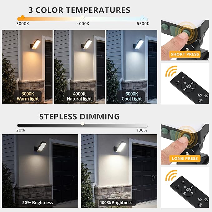 2 Pack Motion Sensor Outdoor Lights, 10000mAh Rechargeable Battery Operated Outdoor Wall Lights with Remote, 3 Modes, 3CCT Dimmable, IP65 Waterproof Outdoor Security Lights for Garage, Yard, Fence