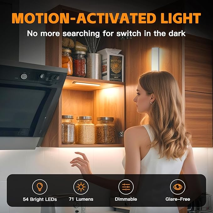 11.82inch Under Cabinet Lighting,2000mAh with Motion Sensor,54LED 3Color Temperature,Closet Lights Motion Sensored, USB-C Charging,Durable And easy-to-install Magnetic Cabinet Light,staircases,-2Pack