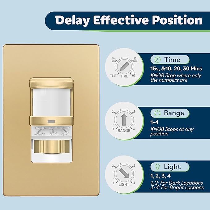 TOPGREENER in Wall PIR Motion Sensor Light Switch, Occupancy Sensor Switch, Neutral Wire Required, On/Off Override, Single Pole, 4A, 500W, Wall Plate Included, TSOS5-GDSWP, Gold