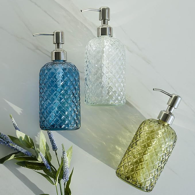 JASAI 18Oz Gem Patterned Glass Soap Dispenser for Kitchen and Bathroom, Refillable with Rust Proof Stainless Steel Pump (Blue)