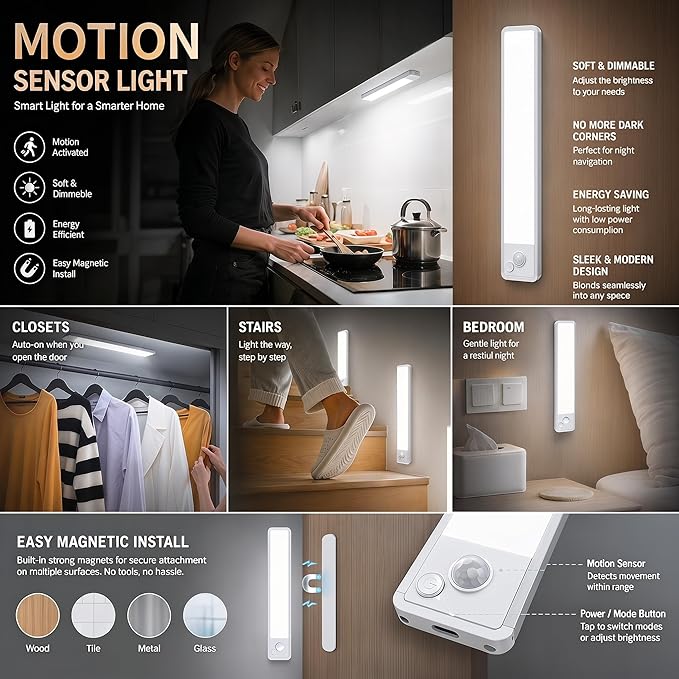 Under Cabinet Motion Sensor Lighting: 12 Inch Dimmable Rechargeable Lights Indoor - Battery Operated Lights - Undercabinet Closet Light Magnetic Led Light for Kitchen Home Bathroom Counter 5 Pack