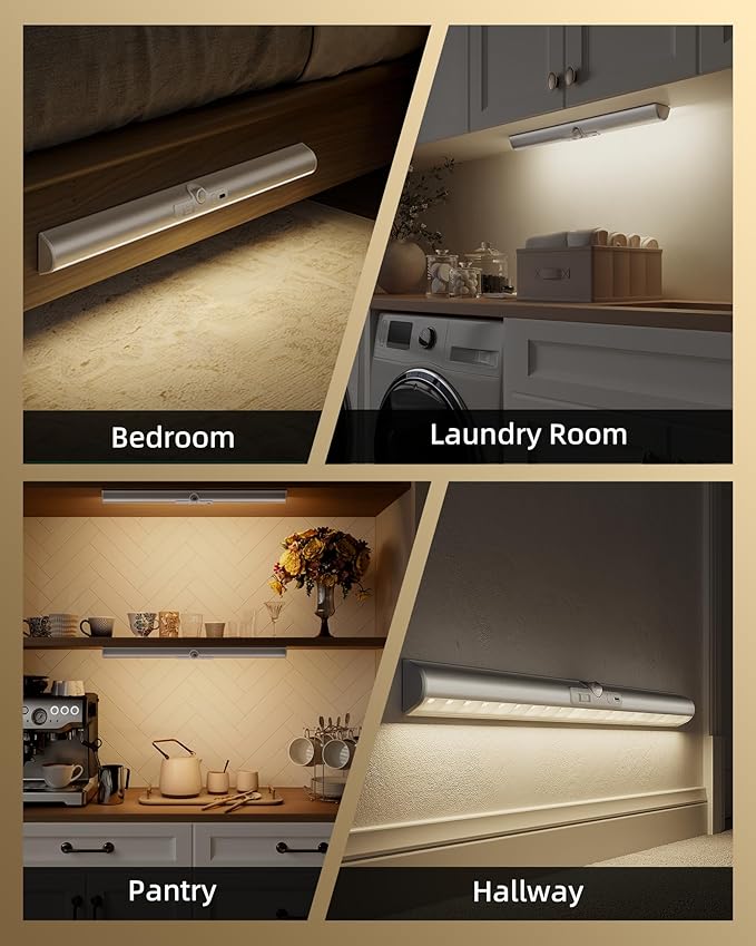 EZVALO 17-Inch LED Motion Sensor Closet Lights, 3600mAh Rechargeable Battery Operated, 150 Lumens No-Glare Curved, 3 Color Temperatures & Dimmable Wardrobe Lights for Pantry & Shelves - 3 Pack