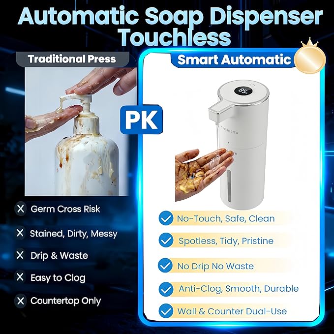 Automatic Foaming Soap Dispenser Touchless Upgrade Pump Uneasy Plugging Wall Mounted USB Rechargeable, 4-Level Adjustable 13.52oz Modern Electric Hand Soap Dispenser Kitchen Bathroom Kids Family White