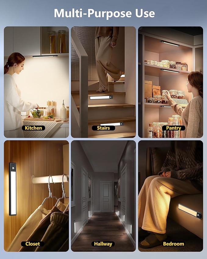 OTWKAY 14.5inch Under Cabinet Lighting with 3 Color Temps, 2 Pack Rechargeable Motion Sensor Lights Indoor, Dimmable Under Counter Lights for Kitchen, Closet