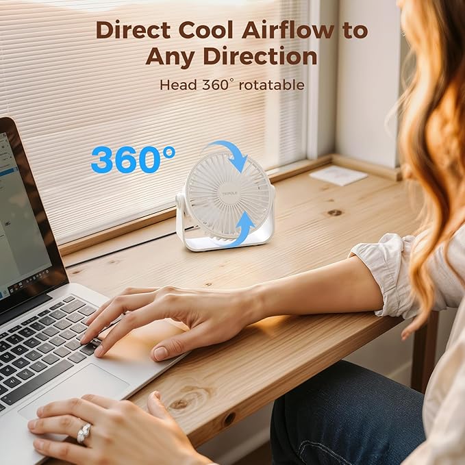 TriPole USB Desk Fan Portable Mini Fan Powerful 3 Speeds Wind Personal Desktop Fan with 360° Head Rotation for Home Office Car Indoor Outdoor White, No Battery, 4.5 Inches