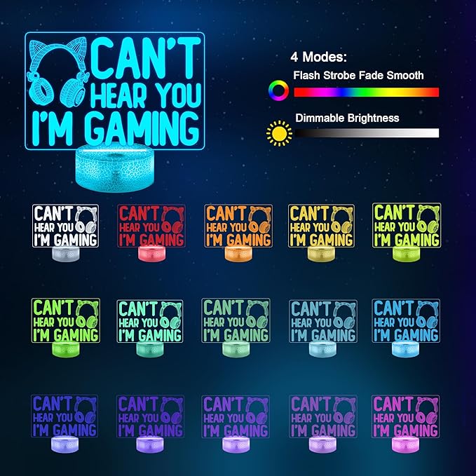 YuanDian Can't Hear You I'm Gaming Night Light, Headset Graphic Video Games Gamer Gift Funny 3D Illusion Lamp 16 Colors Changing Touch & Remote Control for Women Gamers Teenagers and Girls