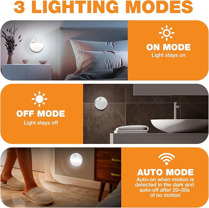 EverBrite Rechargeable Round Motion Sensor LED Night Light, Motion Activated LED Night Light with 3 Lighting Modes, Touch Control, 3 Color Temperatures & Dimmable, for Hallway, Bedroom, 2 Pack