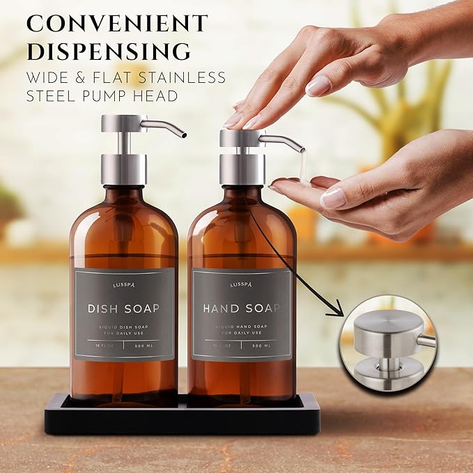 Glass Soap Dispenser Set of 2 (Amber) with Silicone Tray | Hand and Dish Soap Dispenser for Kitchen and Bathroom | 16.8 Oz Glass Bottles with Stainless Steel Pump & 15 Waterproof Labels (Amber/Silver)