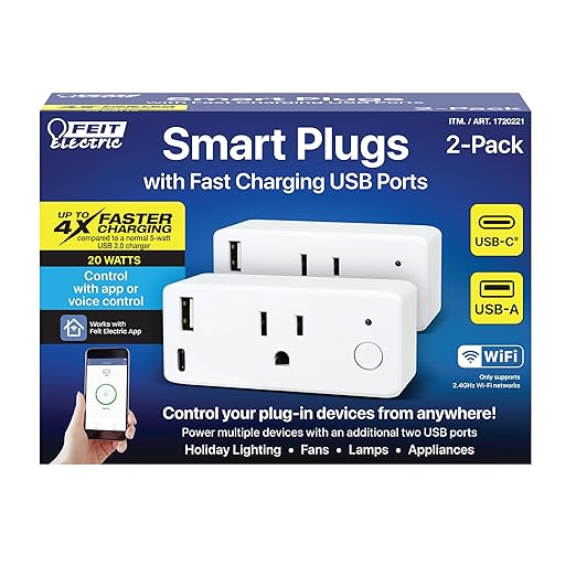 Feit Electric Smart Plug, Works with Alexa and Google Home, No hub Required, 2.4 GHz Network Only, Remote Control from Anywhere 15 Amp, Indoor Outlet for Home Appliances (Smart Plug + USB Ports, 2)