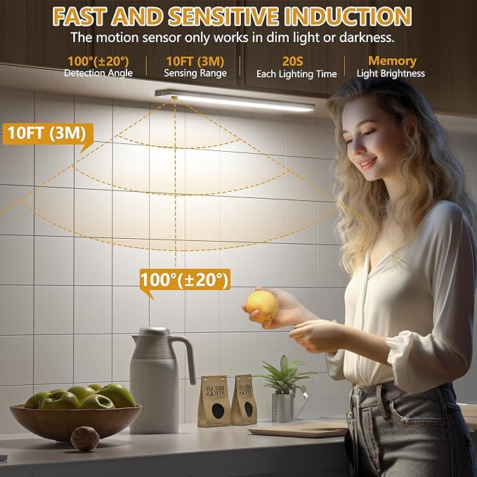 Under Cabinet Lights Motion Sensor 3 Color Temperatures LED Closet Light, USB-C Rechargeable Under Counter Lights Night Light for Kitchen, Wardrobe (Silver - 3 Color, 12.2 Inch - 3 Pack)