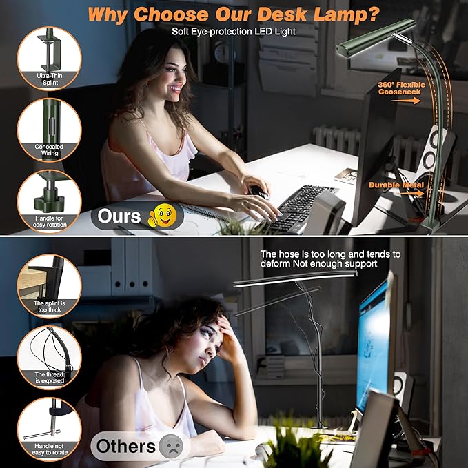 Airlonv LED Desk Lamp for Office Home, Eye-Caring Desk Light with Stepless Dimming Adjustable Flexible Gooseneck, 10W USB Adapter Desk Lamp with Clamp for Reading, Study, Workbench (Green)
