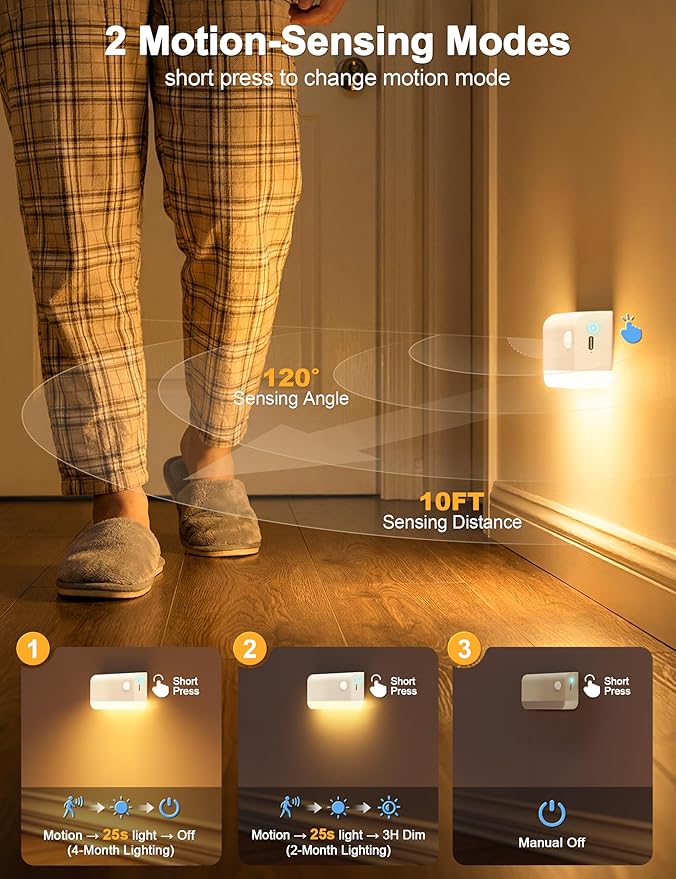 NIORSUN Motion Sensor Stair Lights Indoor, 3 Pack Rechargeable Wireless Step Lights with 3 Color Temperatures, 1200mAh Battery, Magnetic Base for Hallway, Closet, Bathroom, White