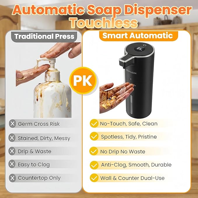 Automatic Soap Dispenser Liquid Touchless Upgrade Pump Uneasy Plugging Wall Mounted USB Rechargeable, 4-Level Adjustable 13.52oz Modern Electric Hand Soap Dispenser Kitchen Bathroom Kids Family Black