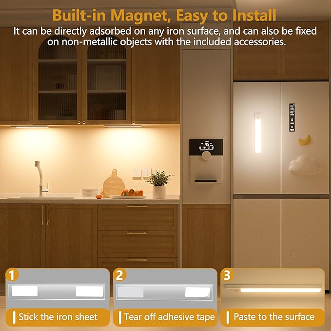 3 Pack Under Cabinet Lights, 32 LED Warm White Rechargeable Under Cabinet Lighting Motion Sensor LED Lights for Kitchen, Counter, Closet, Stairs (Silver - Warm White Light, 8.07 Inch - 3 Pack)