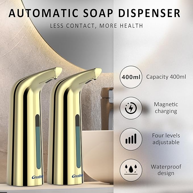 Automatic Soap Dispenser,4 Adjustable Levels Touchless Hand Sanitizer Pump with Infrared Sensor, Countertop Electric Soap Dispenser for Bathroom,Kitchen(TS2012) (GoldGold)