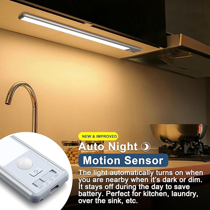 BLS 10inch Under Cabinet Lights, 40 LED Closet Lights, Motion Sensor Light Indoor, Battery Operated Lights, 1800mah USB C Rechargeable Under Cabinet Lighting, Magnetic Night Light for Kitchen (2 Pack)