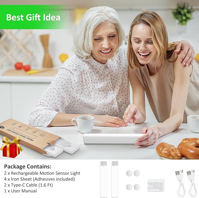 Motion Sensor Under Cabinet Lights, Magnetic Rechargeable Under Counter Closet Light, Wireless Night Light Bar Stick-On, 2-Pack, Neutral White