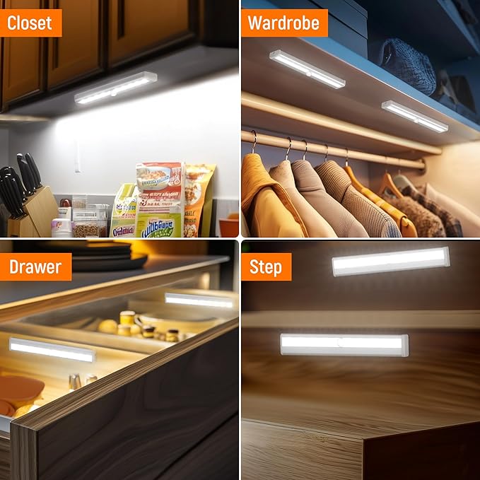 Molrebe Motion Sensor LED Lights, 6 Pack Battery Operated 10 LED Motion Closet Light, Stick-On Anywhere Magnetic Night Light Bar for Closet Under Cabinet Kitchen Hallway Stairway Vanity Wardrobe