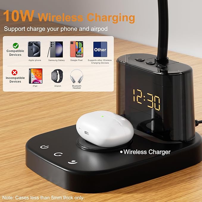 Desk Lamp, Bedside Table Lamps with Wireless Charger and Clock, 30Mins Auto-Off Night Light Lamp, 3 Color Modes Dimmable Touch 800LM CRI 95, LED Desk Lamps for Home Office, Adapter Included