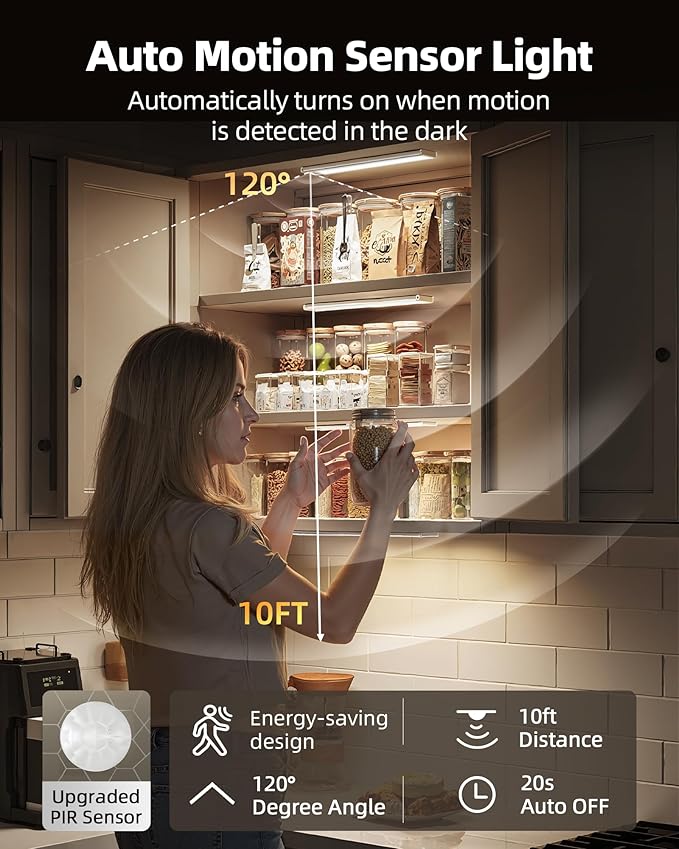8inch Under Cabinet Lighting Wireless, 3-Pack Rechargeable Battery Motion Sensor Light Indoor, LED Closet Lights USB Charging, 3 Color Dimmable Under Cabinet Lights for Kitchen, Cabinet, Wardrobe.