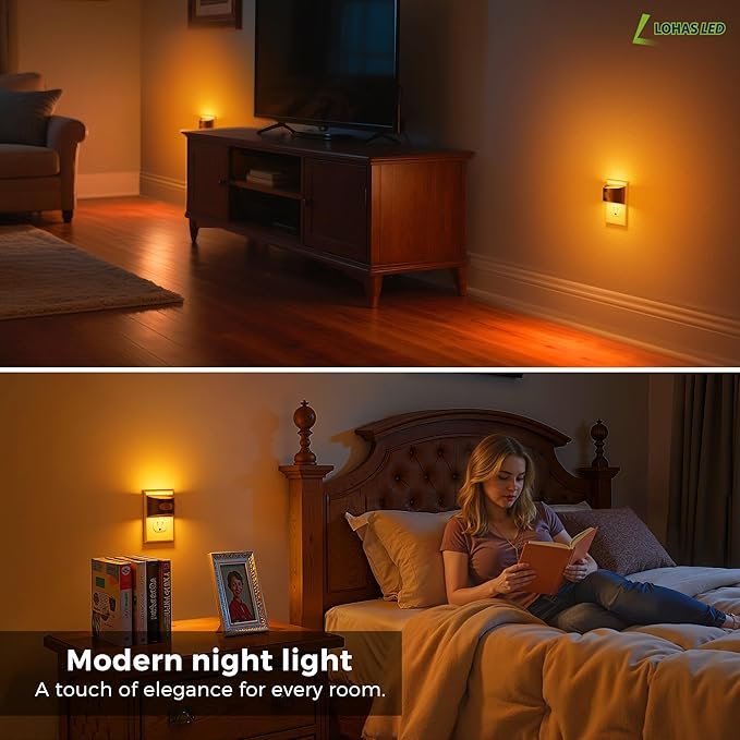 L LOHAS LED Night Light with Motion Sensor & Dusk to Dawn Sensor, Night Lights Plug into Wall with 30-100lm Adjustable Brightness, Dimmable Night Light for Bathroom Hallway, 1600K Amber, 4 Pack