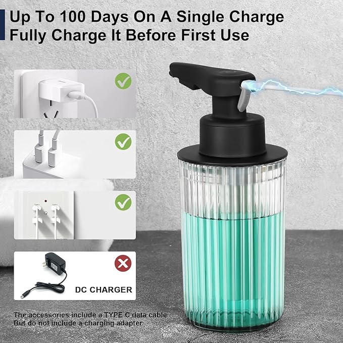 Automatic Soap Dispenser Liquid Touchless: 9oz Black Plastic - Rechargeable Electric Smart Auto Hand Soap Dispenser - Dish Bathroom Kitchen