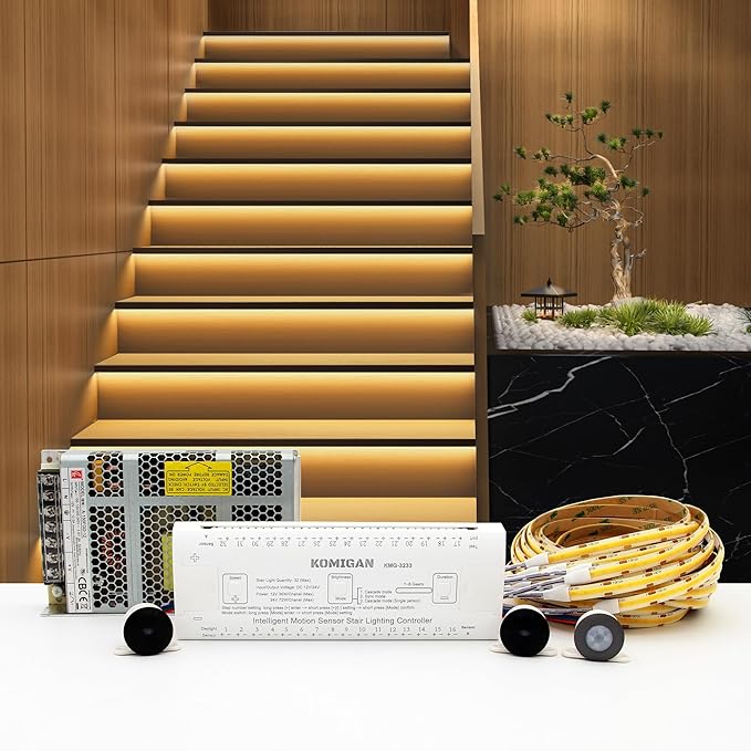 Intelligent Motion Sensor LED Stair Lighting Kit KMG-3233, 60 Inch Cuttable LED Strip Light for Indoor Stair Lights - Warm White 3000K, 20 Stairs