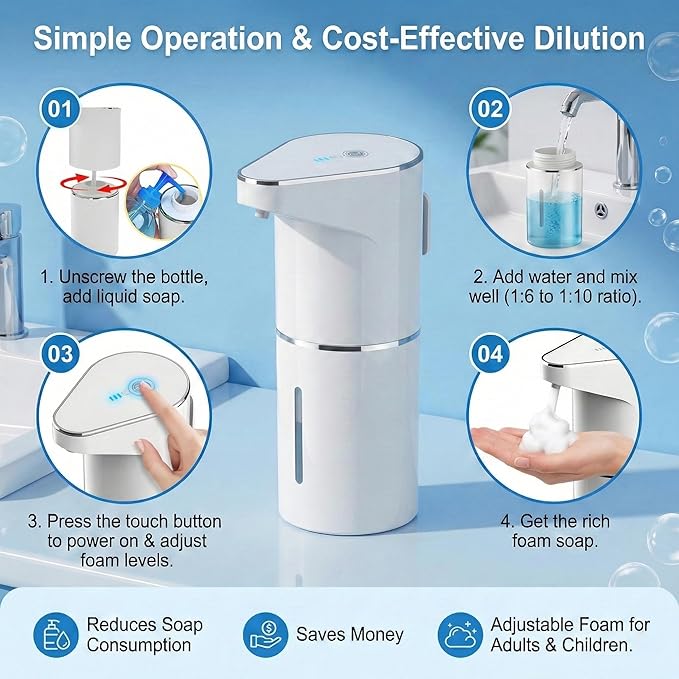 Automatic-Foaming-Soap-Dispenser-Touchless,Type C Rechargeable White Hand Soap Dispenser 13oz/350ml with 3 Foam Levels Wall Mounted & Countertop Design for Kitchen Bathroom IPX5 Waterproof