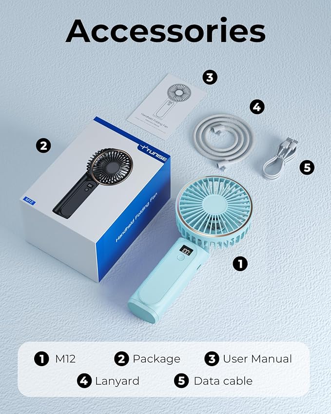 TUNISE Portable Handheld Fan, 4000mAh, 180 Adjustable, 6 Speed Wind, USB Rechargeable Foldable Fan with Real-Time Electricity Display