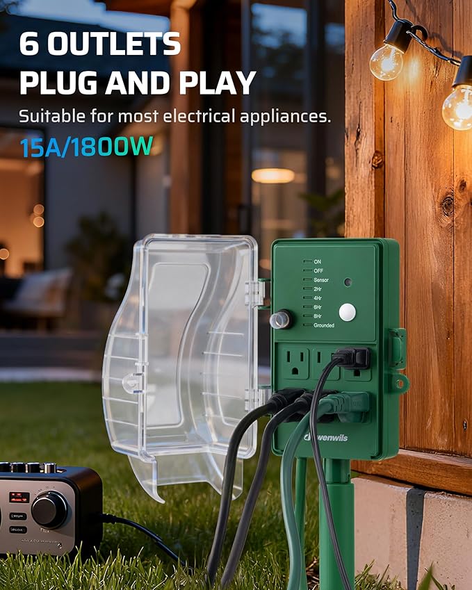 DEWENWILS Outdoor Power Stake Timer, Waterproof Dusk to Dawn Timer with 6 Grounded Outlets, 6FT Extension Cord, 1800W/15A Heavy Duty Outlet for Lights, Yard, Garden, ETL Listed